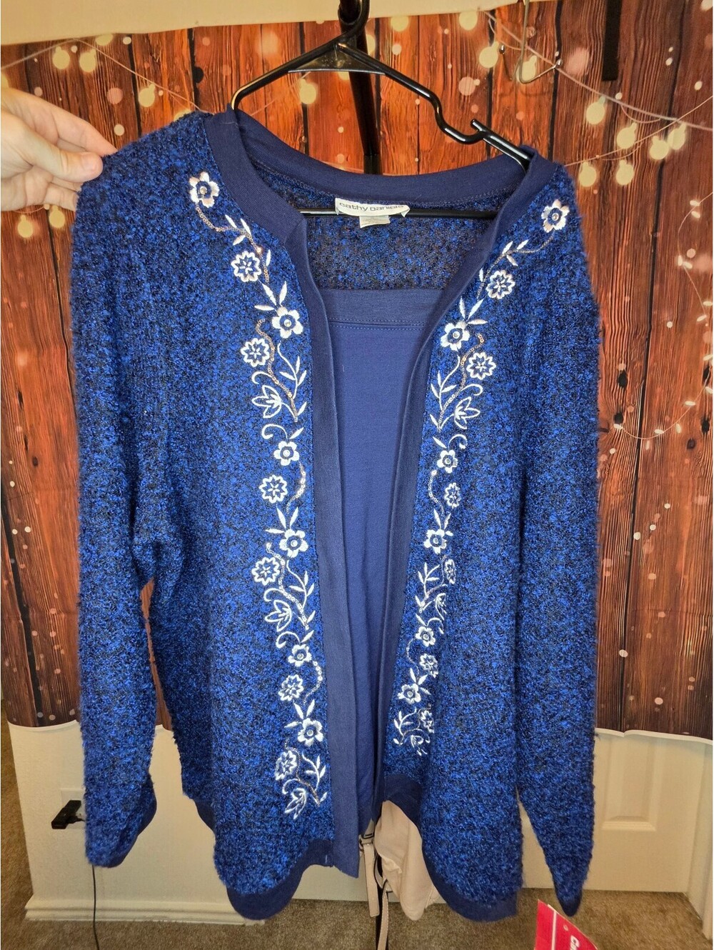 Cathy Daniels Navy Blue Boucle Sweater 2X with Floral Embroidery